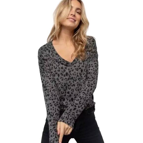 Rails Tops - RAILS Women's Sami Charcoal Leopard Print V Neck Long Sleeve Top Linen Blend L